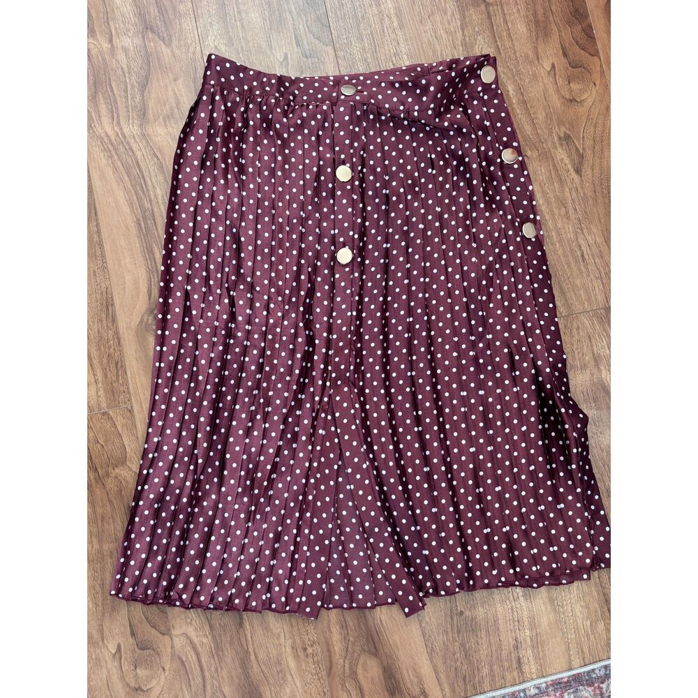 Zara Polka Dot Pleated Midi Skirt Burgundy Wine Button Front Large NWT